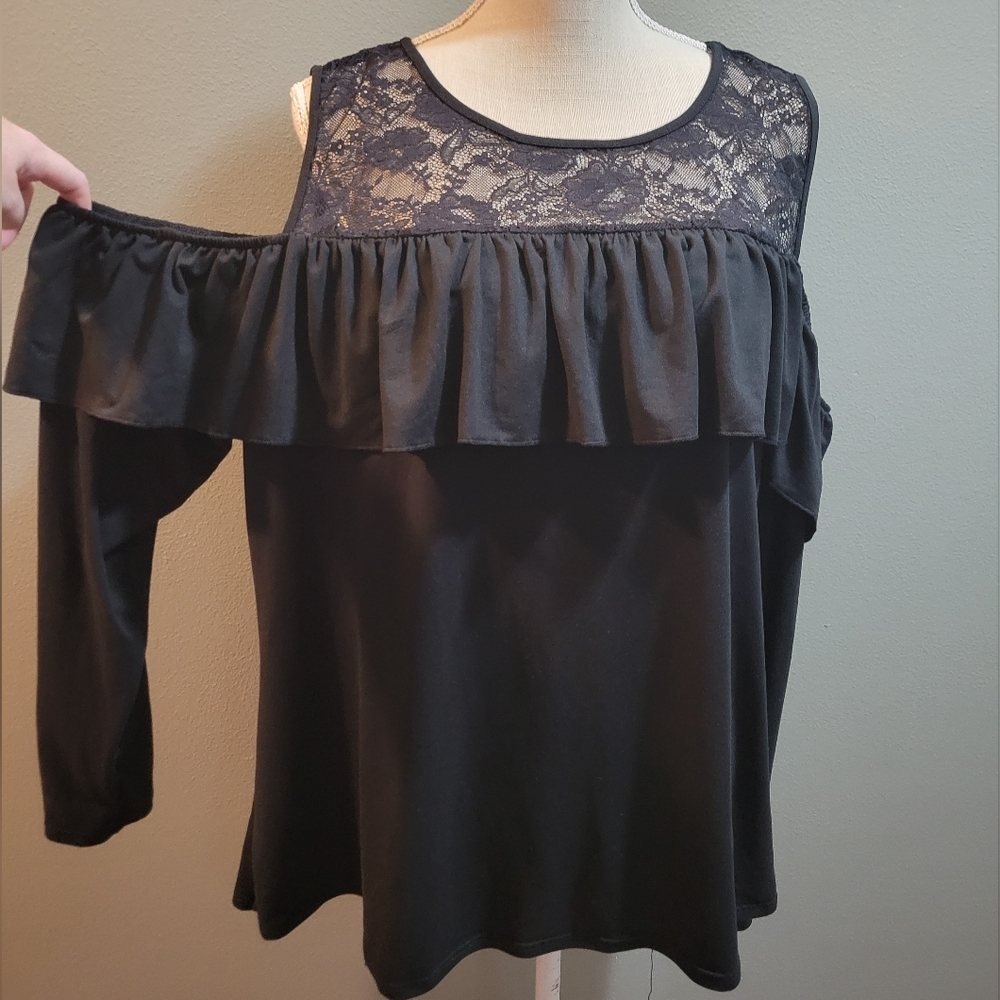 Black No Comment Lace Off The Shoulder Ruffle 3x Blouse